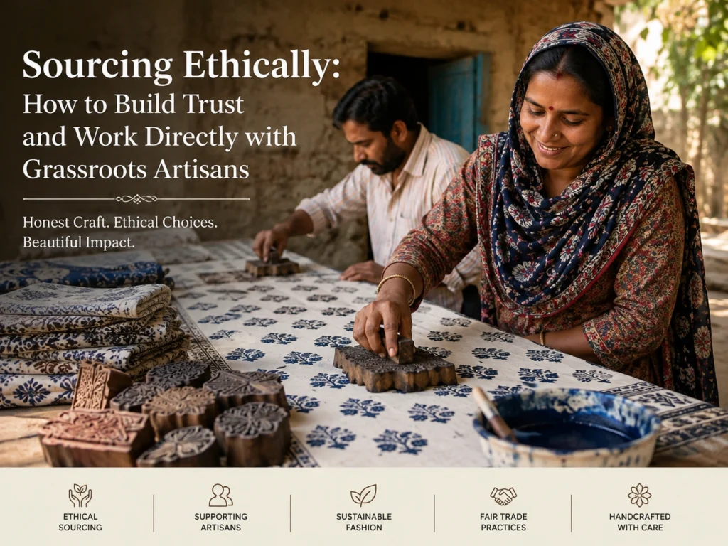 Saloni Agrawal interacting with grassroots handblock artisans in Bagru, Rajasthan, demonstrating ethical sourcing in the fashion industry.